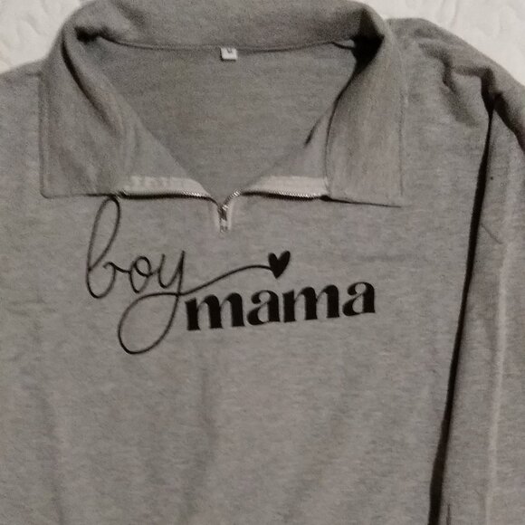 "Boy Mama" Women's size M.  Gray With Small Zip.  Lightweight Sweatshirt.  Long - Picture 1 of 8